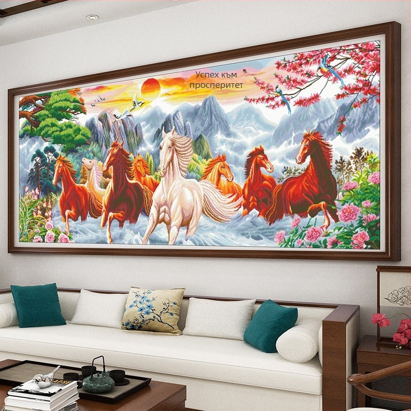 Комплект за кръстосано бродиране с предварително сортирани конци – платно 9 каунт, пластмасова плоча, пейзаж с осем коня, самостоятелно бродиране за дневна, модел 2025