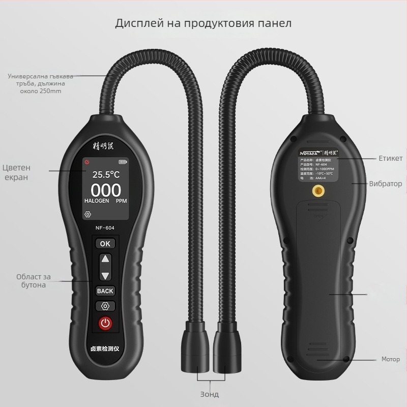 NF-604 детектор за утечки на хладилен агент за климатик – обхват 0–1000 ppm, точност 1 ppm, детектира HCFC (R22, R32, R123, R124, R141b, R142b, R402a, R4); захранване: 4× AAA батерии
