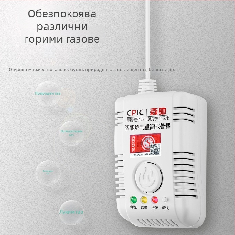Газов детектор за утечки, домашен, модел SC-MQ05, стенен монтаж, AC 220V, 360° детекция, проводна комуникация