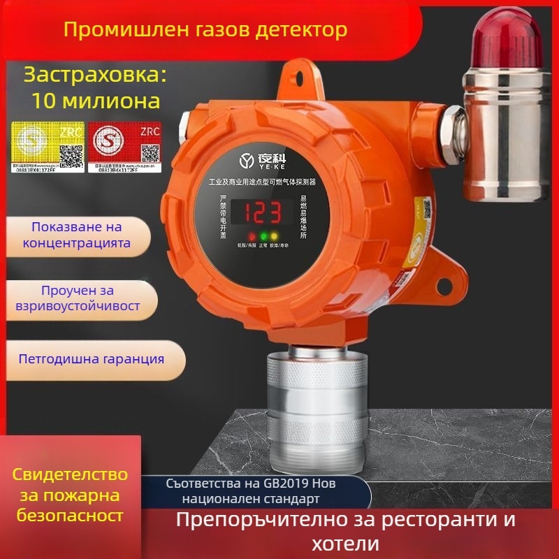 Преносим детектор за газови утечки с аларма и прекъсващ клапан за запалими газове – обхват 20% LEL, точност ±3% LEL, 220V захранване чрез щепсел
