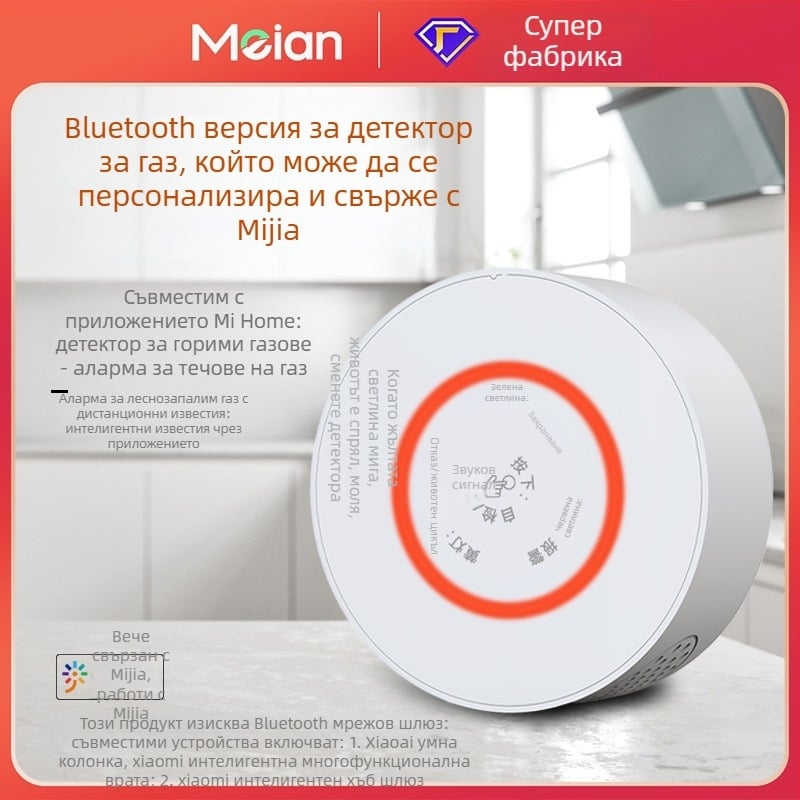 Газов детектор с Bluetooth GA01, Meian, 360° детекция, 2.4 GHz безжично, стенен монтаж, обхват 30 м², 90–240 V