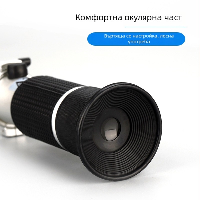 Ръчен рефрактометр с призмен модул CJM-037, марка Chuang Ji Mei; Тип: prism refractometer; Обхват измерване: 0-90; Приложение: консервирани плодове, зеленчуци и мед