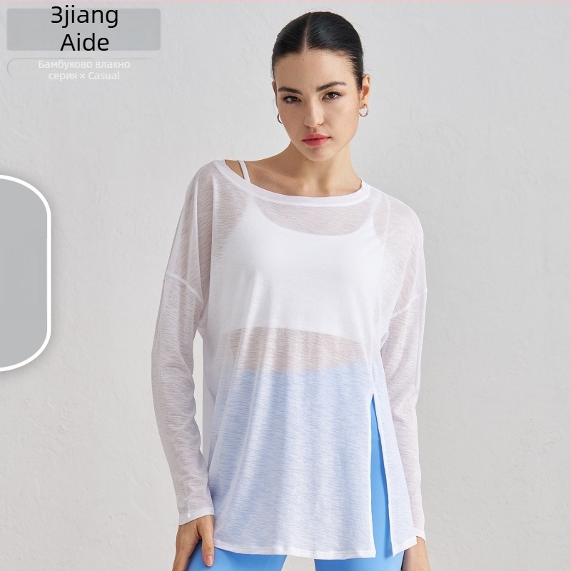 Йога топ-покривалка за жени, с дълги ръкави, свободна кройка, слуб прежда лека материя 100% полиестер цепка в долния ръб