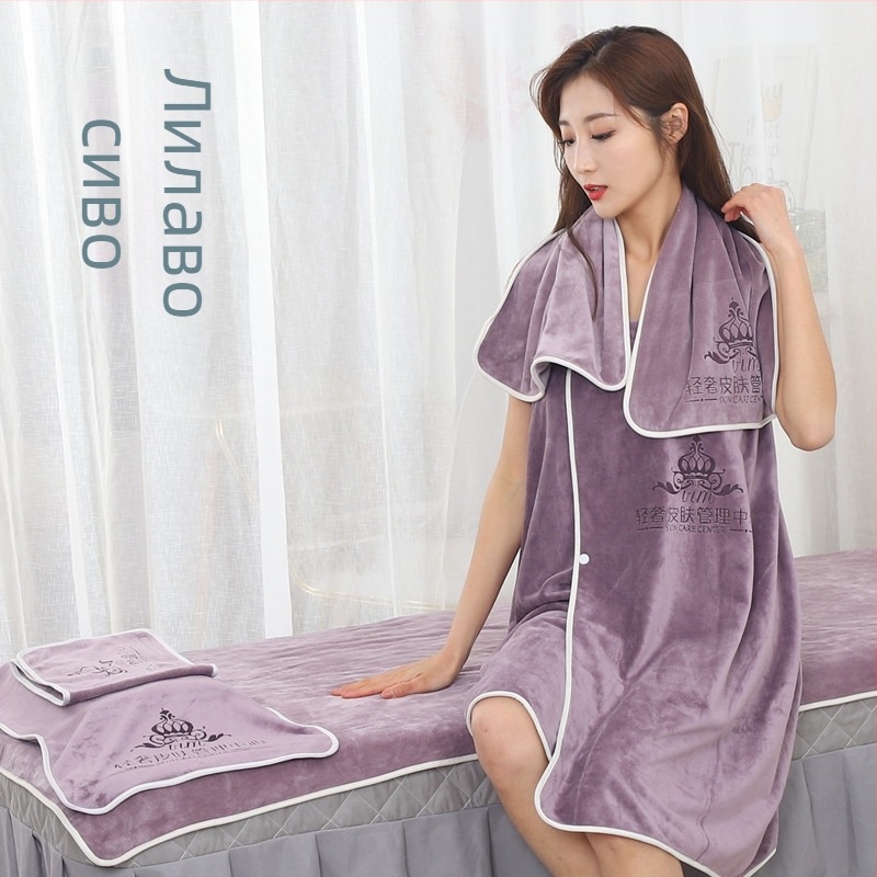 Комплект от пет части за козметичен салон: луксозна хавлия за лице, кърпа за възглавница, турбан за глава, кърпа за легло и кърпа за баня. Материал: суперинфинено влакно; Тегло: 420 g; Марка: Muyang; Прежда: счупена боядисана нишка; Печат на лого: наличен