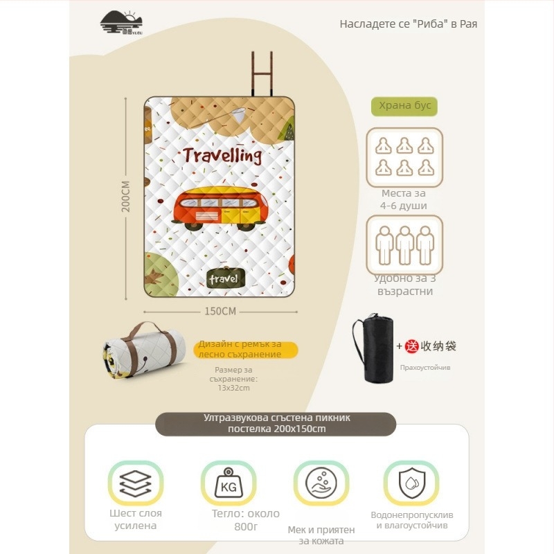 Пикник постелка с фланелена повърхност, водоустойчива за къмпинг, преносима и подсилена за групова употреба