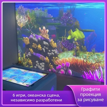 Интерактивна прожекция за рисуване върху стена и под за детски музей на науката и техниката – многопотребителска, холографична проекция, резолюция 1024x768, яркост 3300 лумена, обектив 0.8, мощност 350W, 220V