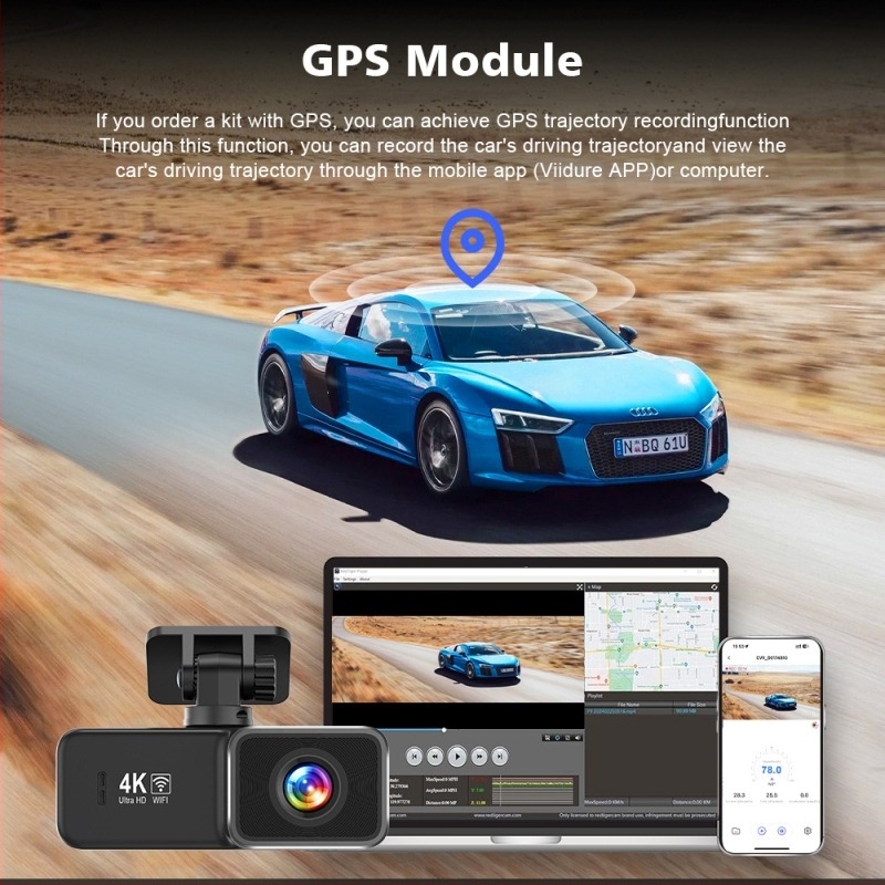 4K автомобилен видеорегистратор с предна и задна камера, WiFi, 170° широк ъгъл, GPS, 2.0-инчов дисплей, цикличен запис