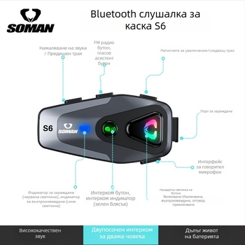 SOMAN Bluetooth слушалка за мотоциклетна каска — водоустойчива S6, обхват 10 m, 25 h батерия, Bluetooth 5.0, 3D стерео звук