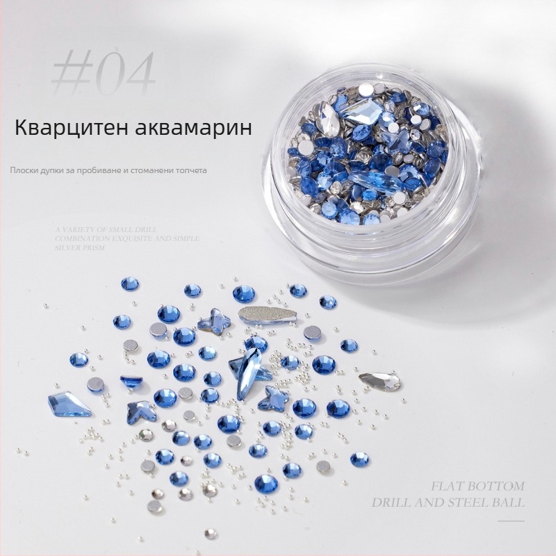 Материали за маникюр с неравни кристални камъни: мини кристали, метални мъни и rhinestones с плоско дъно; искрящи кристали, иридесцентен завършек