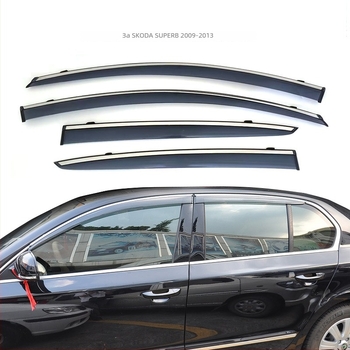 Rain Eyebrow за прозореца на Skoda 2009-2013 Superb/Haorui – удебелено инжекционно формовано, материал: акрилна лента/PC с неръждаема стоманена лента, монтаж кука-лепило, комплект 4 бр.