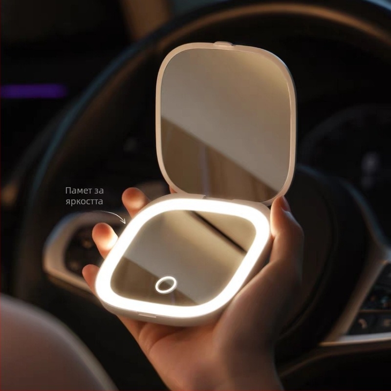LED огледало за грим, сгъваемо, преносимо джобно, ABS рамка, алуминиево огледало, печат на лого