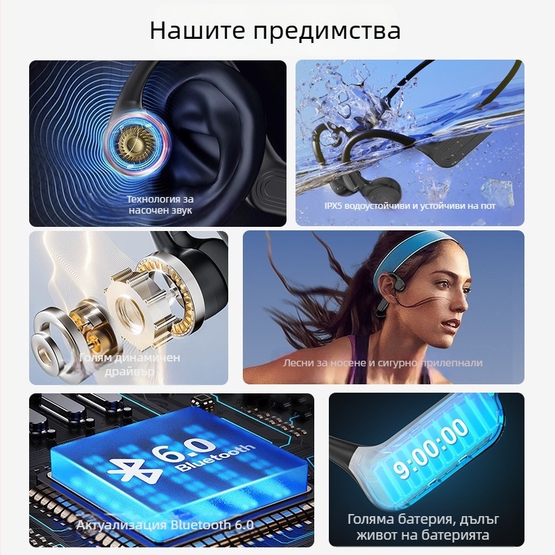 Слушалки с костна проводимост Bluetooth 6.0, IPX5 водоустойчиви, стерео звук, живот на батерията над 8 ч, обхват 15 м