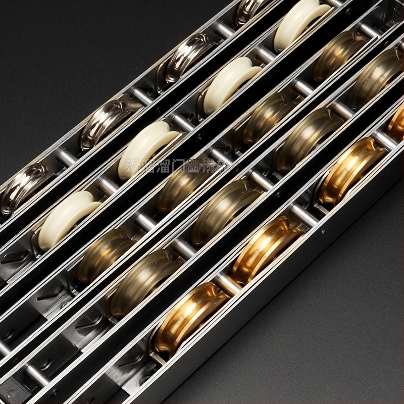 Тежка четириколесна ролка за плъзгаща врата от неръждаема стомана, модел HLL-B404, за термично прекъснати алуминиеви рамки; подходяща за врати, прозорци и витрини