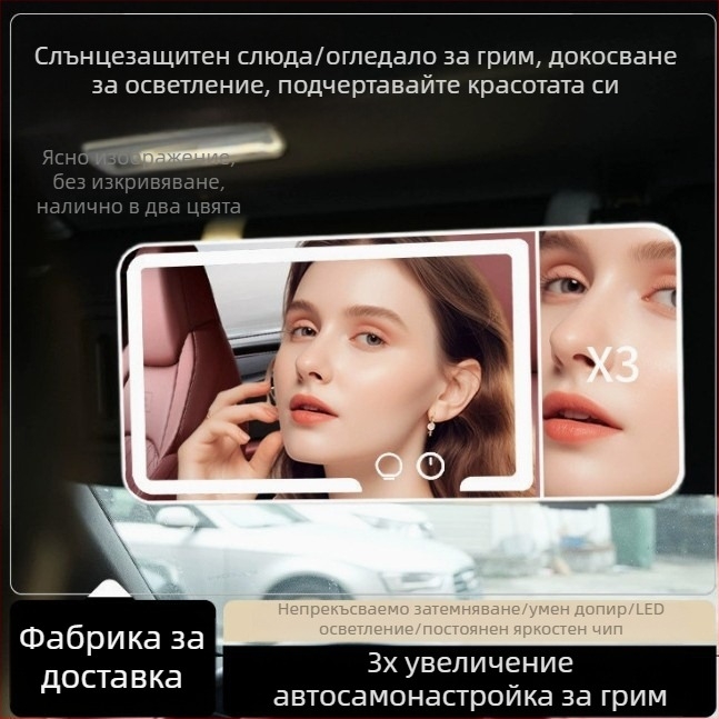 Автомобилно огледало за грим с LED осветление, 5x увеличение, сензорно управление, HD осветление, ABS рамка, стъклена леща