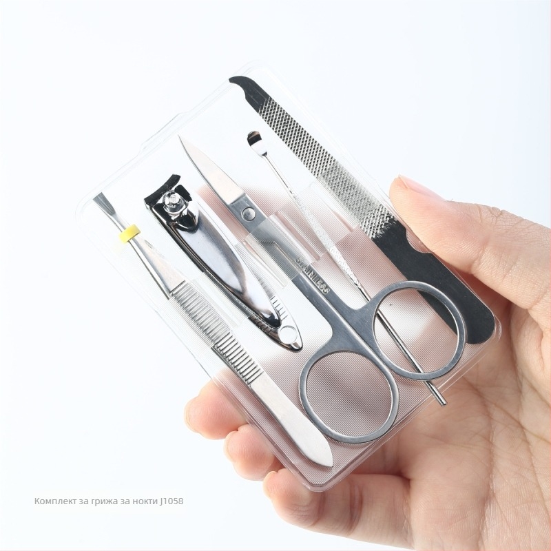 KINEPIN 5-частен портативен комплект за грижа за вежди от неръждаема стомана: пинсета за вежди, нокторезачка, маникюрни ножици, ушна шпилка и файл за нокти