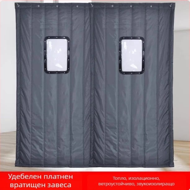 Магнитна завеса за врата от Oxford плат – за студено съхранение; запазва топлината, защита от слънце и прах; монтаж с куки върху релса, страничен монтаж