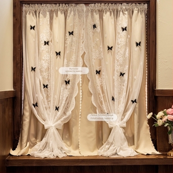 Двуслоен тъмнозатъмняващ завеса за спалня с интегрирана мрежеста вложка, фланелен материал, звукопоглъщащ ефект, модерен минималистичен стил, дантелена завеса за врата