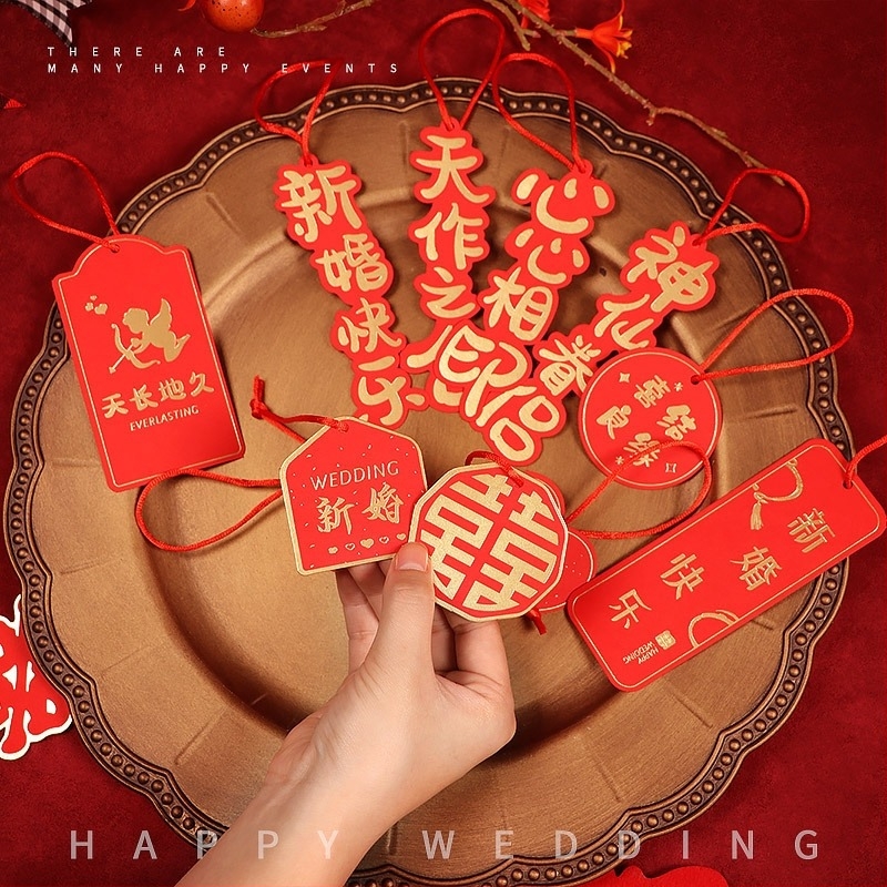 Сватбена висулка-таг със символ на Двойното щастие, хартия, опакована в OPP торба, марка Mingbo, лицензиран частен етикет, за сватбена декорация