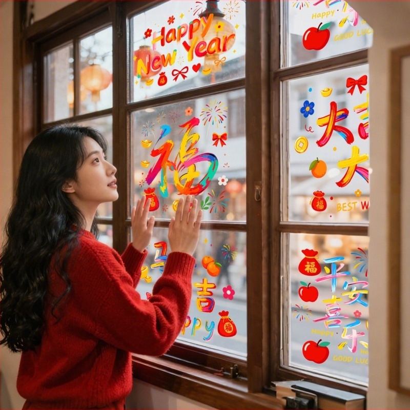 Статичен прозоречен стикер от PVC фолио – мотив Годината на коня с символ на късмет и дизайн на прозоречно цвете за атмосфера и творческа украса