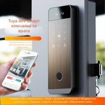 Умна брава за железна порта с лицево разпознаване, дланен и пръстов отпечатък, парола и дистанционно отключване, с видимо котешко око; 0,1 s сканиране на отпечатък, 100 съхранени отпечатъка, 100000+ отключвания, -20°C до 70°C, 0–92% влажност