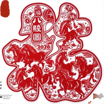 Прозоречен стикер: Годината на коня, осем коня в хартиена изрезка, флокирана тъкан, електростатично флокиране