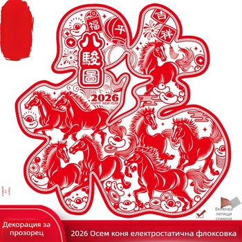 Прозоречен стикер: Годината на коня, осем коня в хартиена изрезка, флокирана тъкан, електростатично флокиране