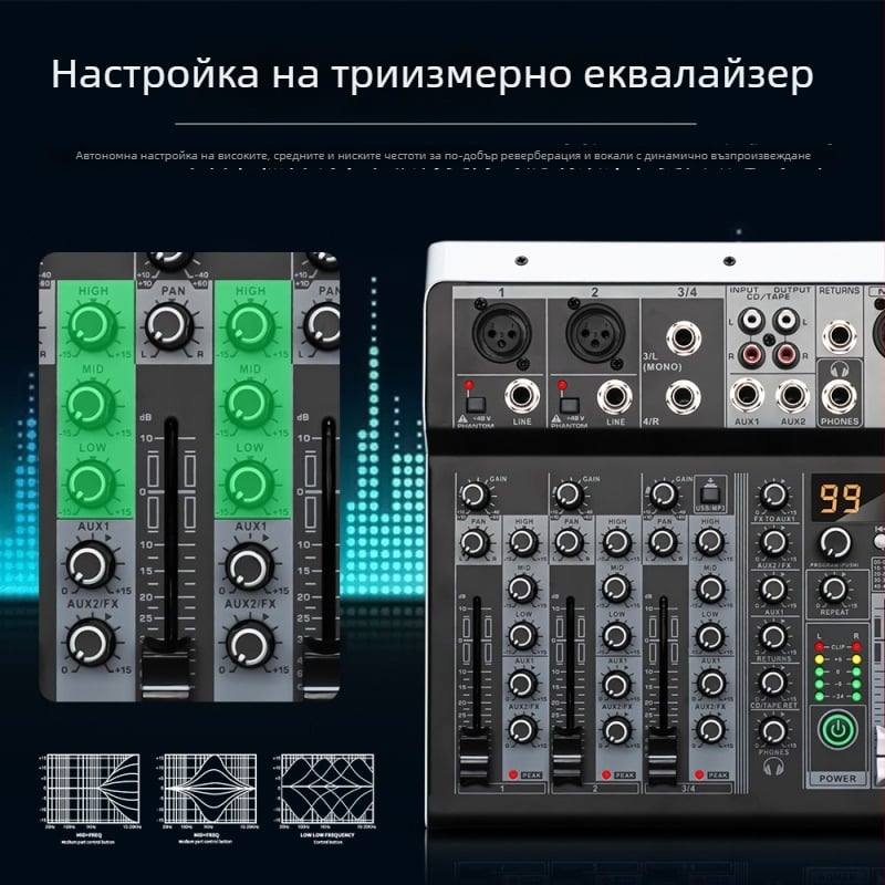 ZXI 4-канален Bluetooth USB мини миксер с вградена звукова карта за сцена и пряко излъчване