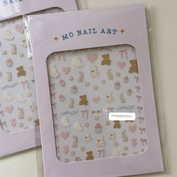 Стикери за маникюр 3D релеф – Good Night Jenny, карикатурни мотиви зайче и мечка за нокти, телефон и камера