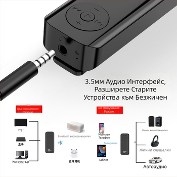 Bluetooth 5.3 аудио приемник и предавател с дигитален дисплей - Lavalier адаптер, AUX 3.5 мм, Plug-and-Play, без външно захранване, 10 м обхват, 100 Mbps