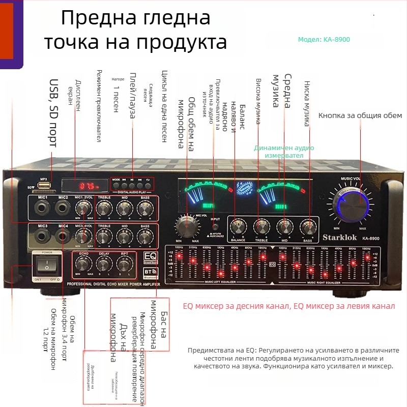 Starklok KA8900 четириканален домашен караоке усилвател с балансиран EQ, мощност 1000W, 4–16 Ω, честотен диапазон 20–20 kHz