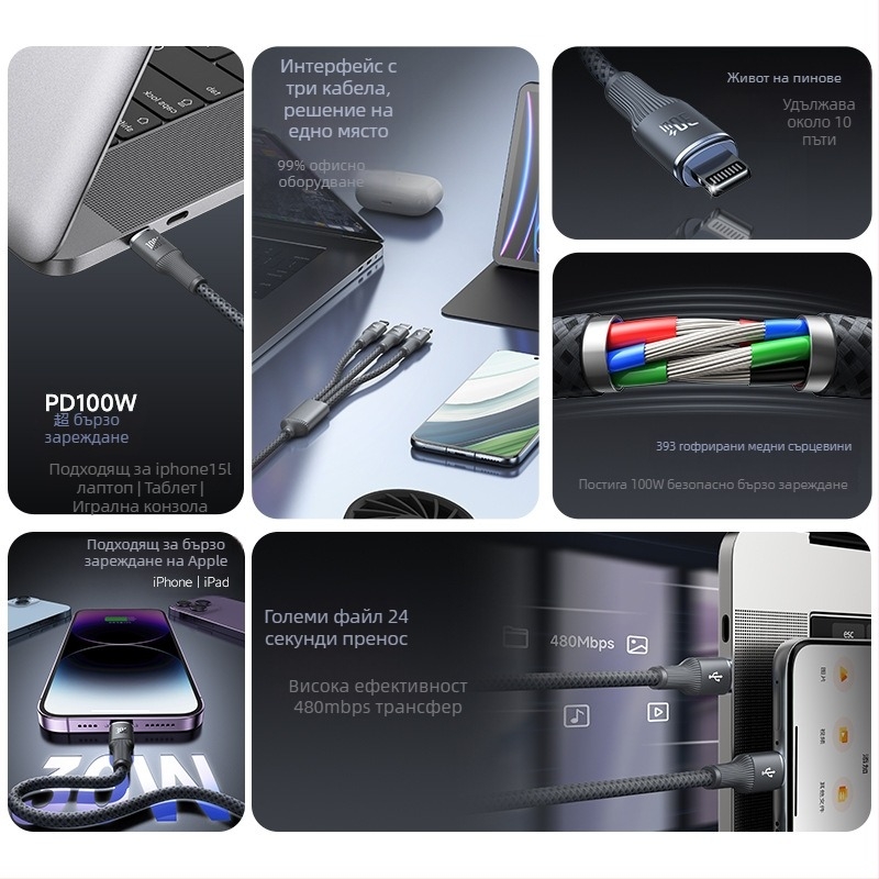 Romoss три в едно кабел за данни с бързо зареждане – Lightning, Micro USB и Type-C, 3-в-1 конектори, PC+ABS материал, макс. изход 100