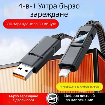 4-в-1 кабел за данни с бързо зареждане – Lightning и Type-C, двуразклонен дизайн, 100W, цинкова сплав
