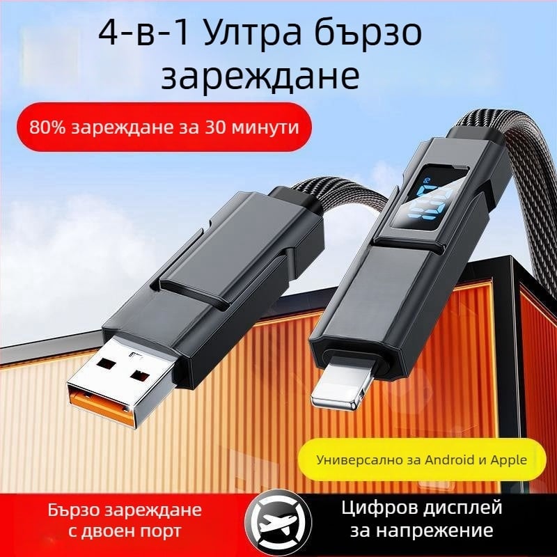 4-в-1 кабел за данни с бързо зареждане – Lightning и Type-C, двуразклонен дизайн, 100W, цинкова сплав