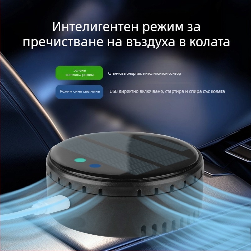 Въздухоочистител за автомобил и дом със слънчево захранване, йонна технология за премахване на миризми и формалдехид, дезинфекция и стерилизация, тиха работа под 36 dB, обем на въздуха 50 м3/ч, интелигентно управление