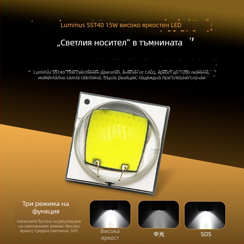 IP68 водоустойчив презареждаем LED фенер, 15W SST40, 4400mAh, обсег 200–500 м