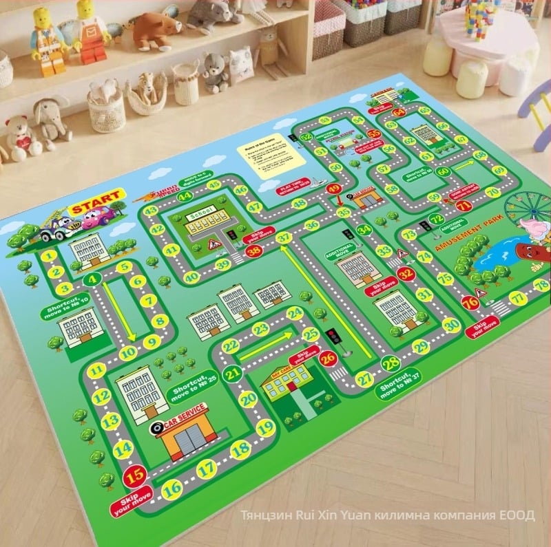 Детски килим за игра с писта за коли — квадратен, от кристално кадифе, печатен геометричен модел, карикатурен стил, миещ се