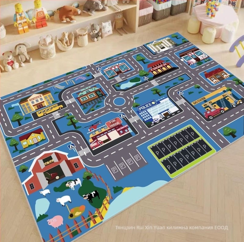 Детски килим за игра с писта за коли — квадратен, от кристално кадифе, печатен геометричен модел, карикатурен стил, миещ се