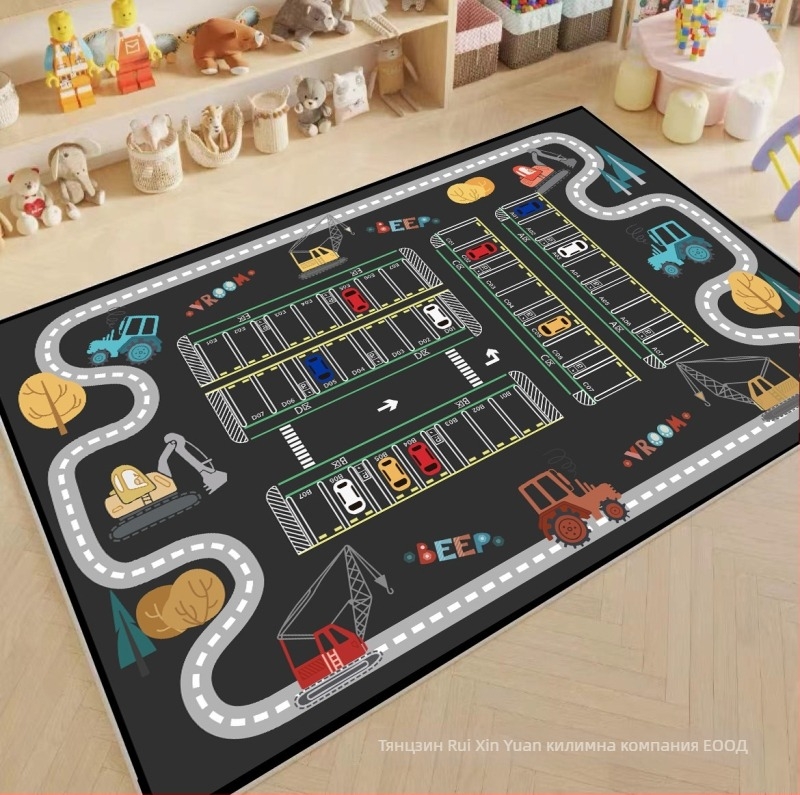 Детски килим за игра с писта за коли — квадратен, от кристално кадифе, печатен геометричен модел, карикатурен стил, миещ се