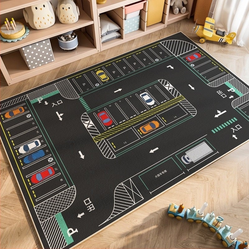 Детски килим за игра с писта за коли — квадратен, от кристално кадифе, печатен геометричен модел, карикатурен стил, миещ се