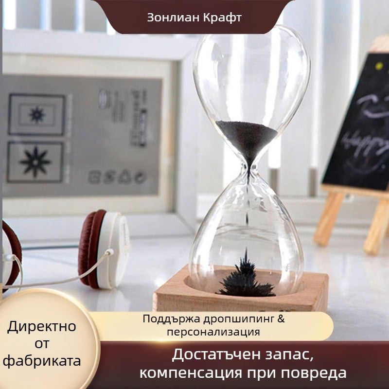 Пясъчен часовник таймер за бюро, ръчна изработка, боросиликатно стъкло и база от бук, модерен минимализъм