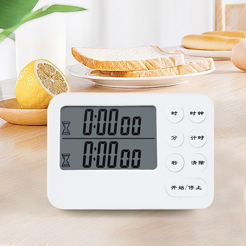 Таймер с два дисплея, електронен кухненски таймер с аларма и хронограф, LCD дисплей, квадратен пластмасов корпус, захранване с батерия