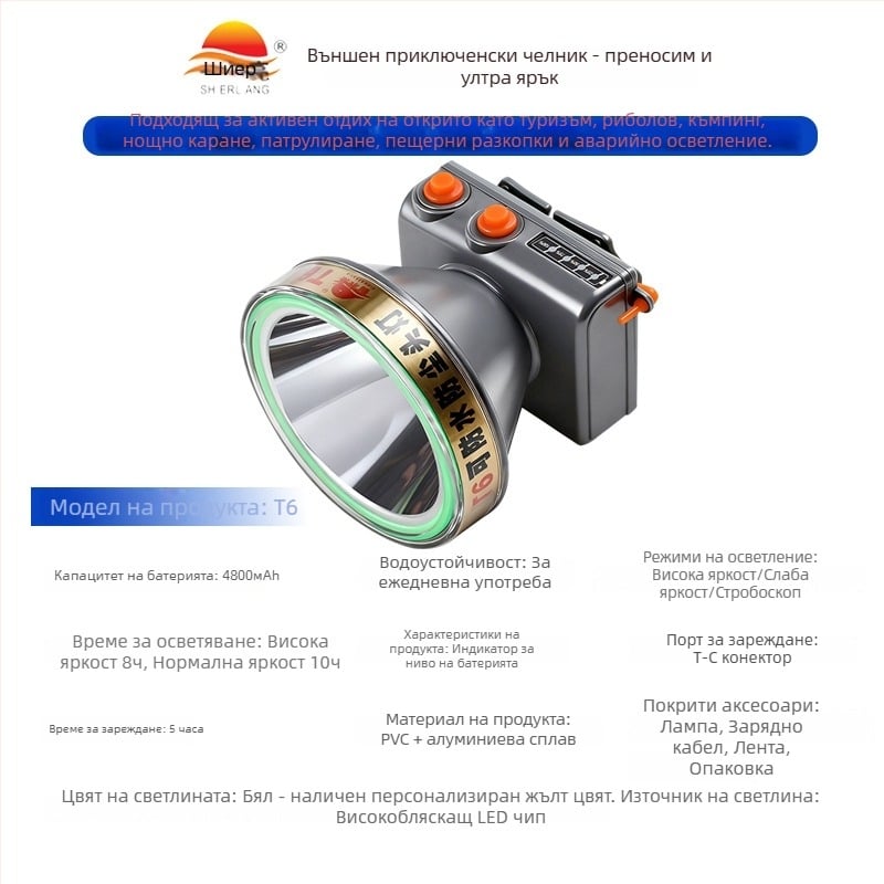 Челна лампа за къмпинг на открито с LED, 5W, 4800mAh, алуминиева сплав, водоустойчива