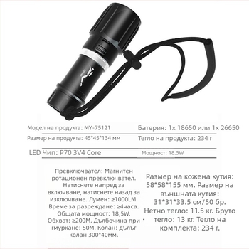 Дайвинг фенерче от алуминиева сплав, висока яркост, дълъг живот, магнитен превключвател, двойна употреба за вода и суша.