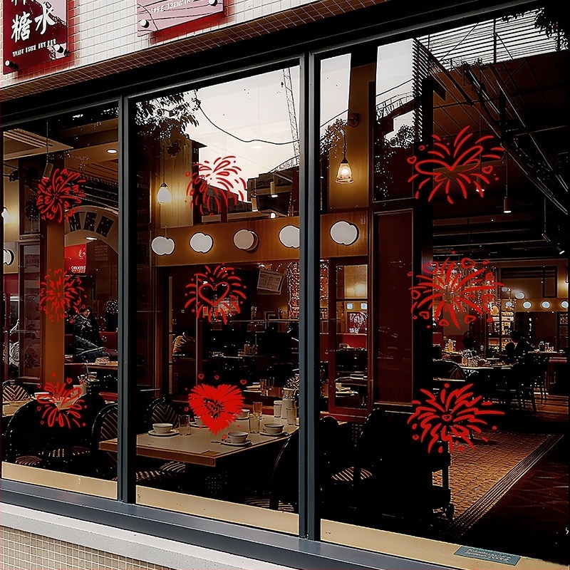 Стикери за прозорци за Нова година – цветни фойерверки, декорация за стъкло и врати, електростатичен филм