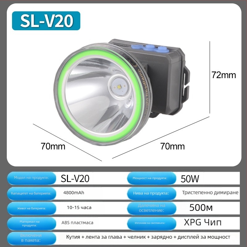 LED челник за нощен риболов, презареждаема глава-лампа, PVC корпус, 7200 mAh, обхват ≥ 500 m, зарядно включено