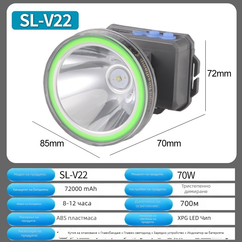 LED челник за нощен риболов, презареждаема глава-лампа, PVC корпус, 7200 mAh, обхват ≥ 500 m, зарядно включено