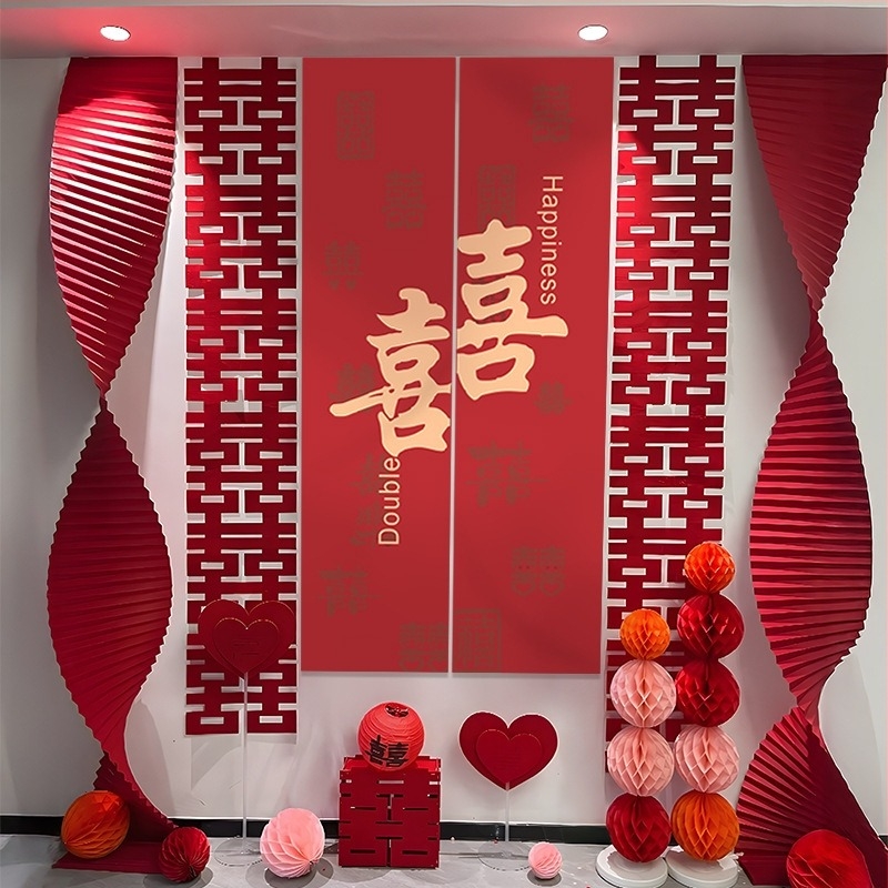 Сватбен фон за снимки — комплект декор с origami водопад и висящ плат „Двойно щастие“ – дълга лента