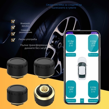 Bluetooth TPMS сензор за гуми - Wollip, диапазон 0-8 bar, цифров дисплей, съвместим с 2/3/4-колесни превозни средства