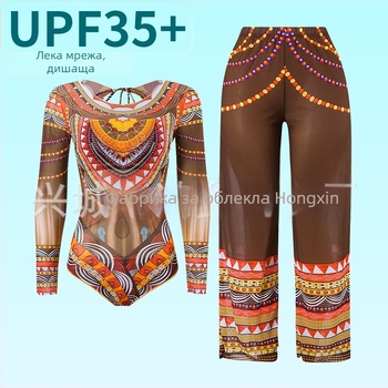 Дамски цял бански с дълги ръкави и мрежеста тъкан, флорален принт, бързосъхнещ полиестер 82%, подплънки в чашките