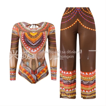 Дамски цял бански с дълги ръкави и мрежеста тъкан, флорален принт, бързосъхнещ полиестер 82%, подплънки в чашките